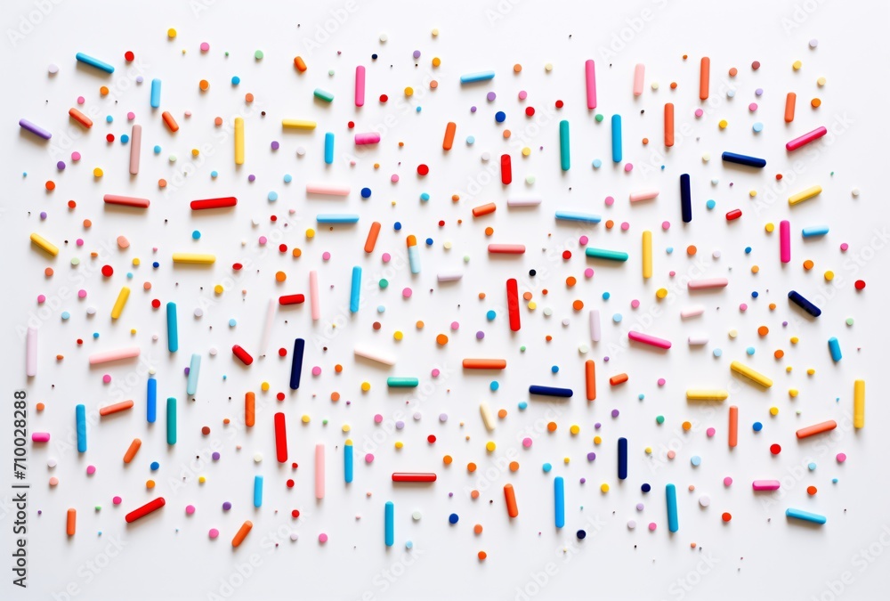 colorful sprinkles on white background, flat top view colorful sprinkles on white background, flat top view