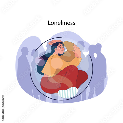 Loneliness concept. Young woman in despair amidst faceless figures, feeling isolated and disconnected in a crowd. Emotional isolation and teenage mental health struggles. Flat vector illustration