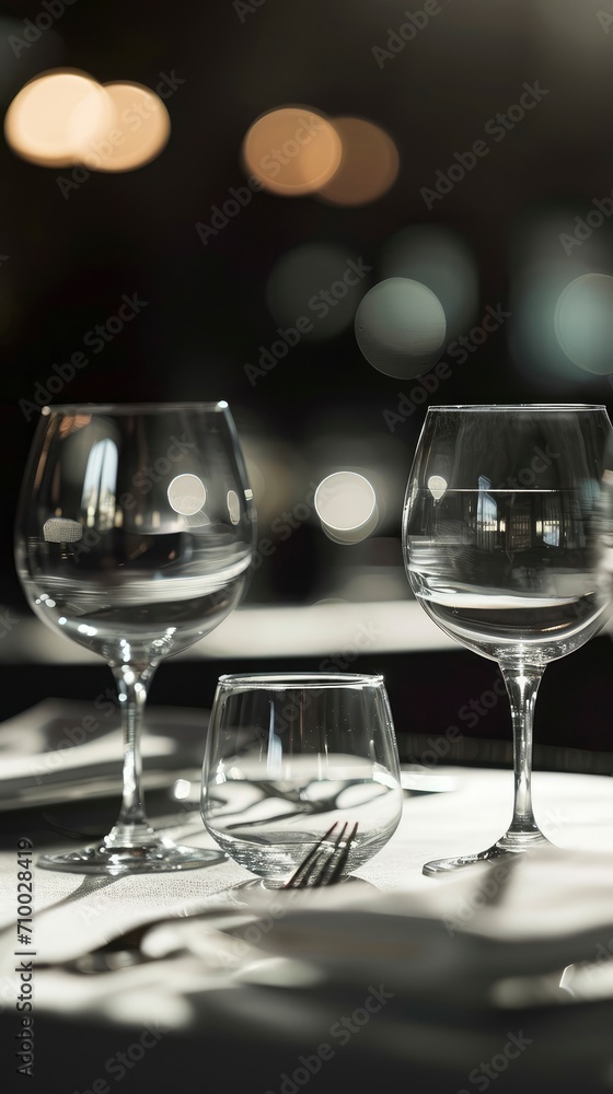 Dining table decorated for an evening dinner party, dinner concept for two glasses, luxury elegant table setting dinner in a restaurant Dining table decorated for an evening dinner party, dinner concept for two glasses, luxury elegant table setting dinner in a restaurant
