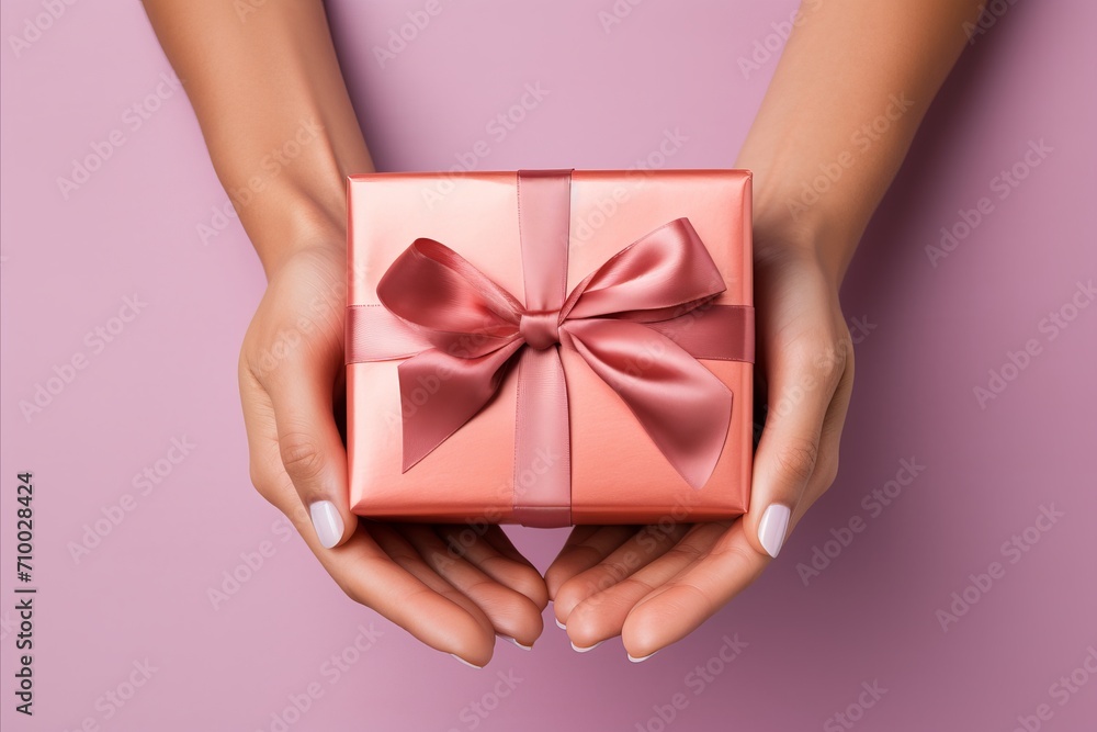 Top view gift box, adorned with vibrant ribbon. Greeting card. Flat lay style with copy space. Top view gift box, adorned with vibrant ribbon. Greeting card. Flat lay style with copy space.