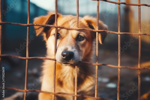 Cute stray dog gazing through a rusty metal cage in animal shelter
