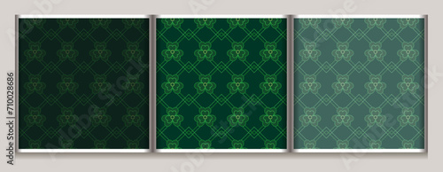 Geometric simple St Patricks day patterns with clover  shamrock leaves  squares  rhombuses. Dark  low contrast  green backgrounds with thin lines  outline shapes. Classic square diagonal grid.