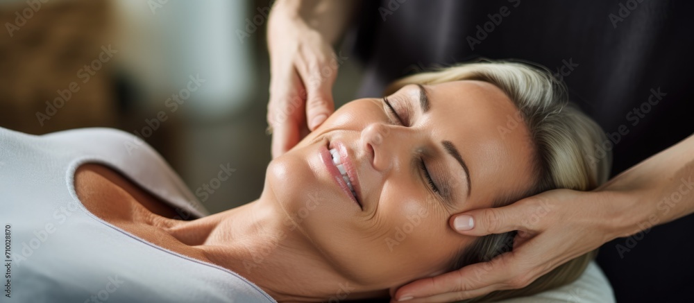 Fototapeta premium Middle-aged woman enjoying head massage in spa, relaxed on table with closed eyes, receiving beauty treatments at cosmetologist's office, seen from above.