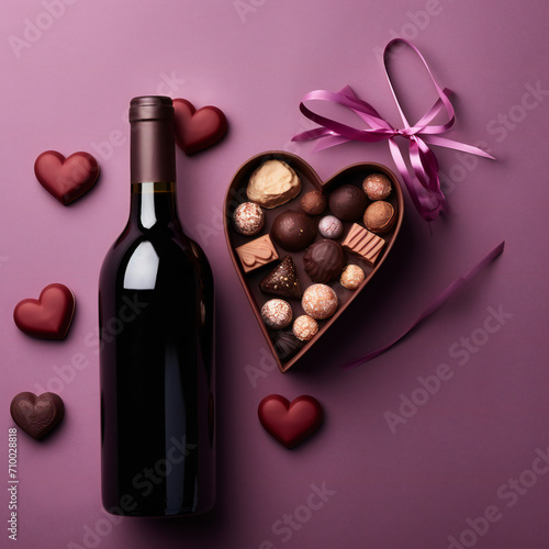 Bottle of red wine on colored background for Valentine Day with gift and chocolate. Heart shaped with gift box of chocolates top view with copy space Generative AI