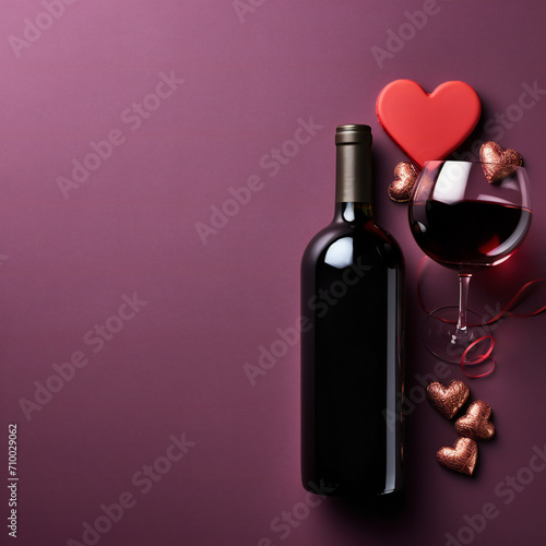 Bottle of red wine on colored background for Valentine Day with gift and chocolate. Heart shaped with gift box of chocolates top view with copy space Generative AI