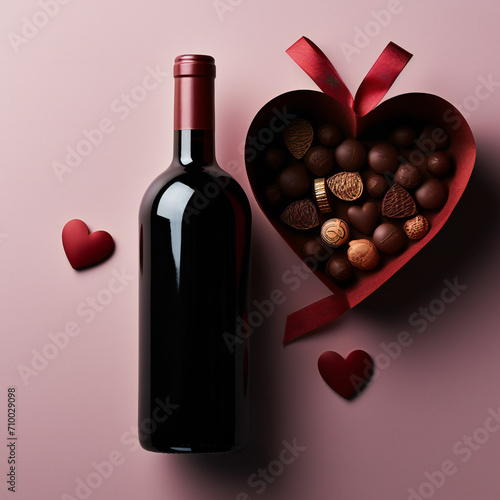 Bottle of red wine on colored background for Valentine Day with gift and chocolate. Heart shaped with gift box of chocolates top view with copy space Generative AI