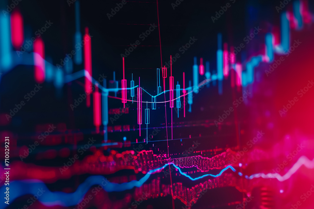 candlestick stock chart with a red background and a blue line. Stock ...
