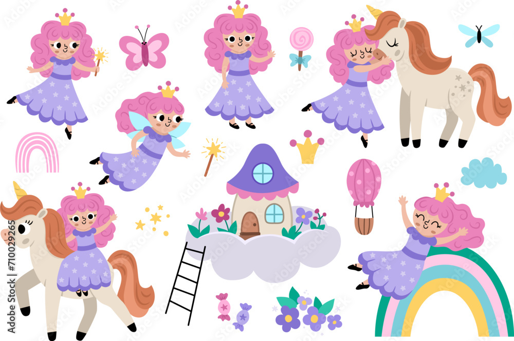 Naklejka premium Vector fairy set. Fantasy sorceress with magic wand, pink hair, crown, house on cloud. Fairytale character collection. Cartoon magic princess flying, hugging unicorn, sliding rainbow.