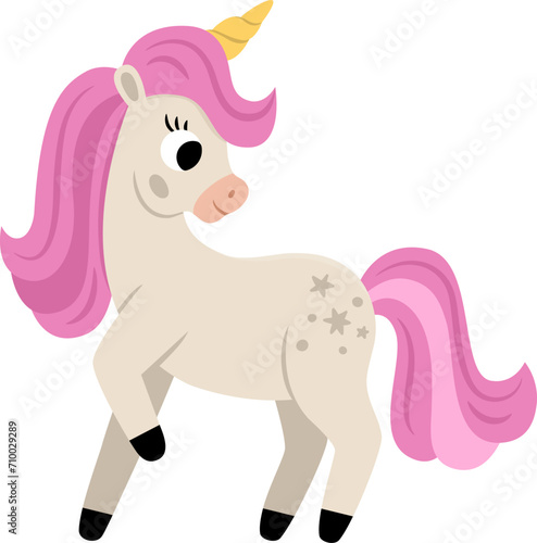 Vector unicorn with yellow horn and pink mane. Fantasy animal. Fairytale horse character for kids. Cartoon magic creature icon isolated on white background.