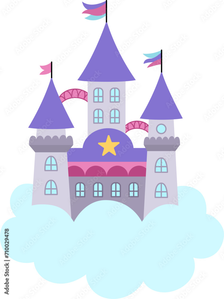 Vector unicorn castle on cloud. Fantasy world palace icon with towers, flags, purple roofs. Fairy tale princess house illustration isolated on white background.