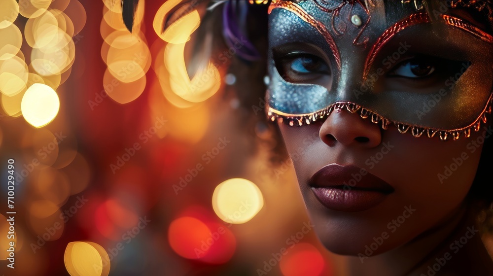 beautiful afro american woman with carnival mask with party background