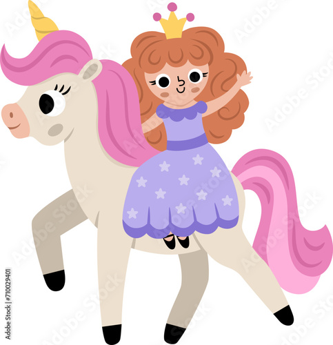 Vector fairy icon. Fantasy sorceress with crown riding a unicorn with pink hair. Fairytale character in purple robe with stars. Cartoon magic princess isolated on white background.