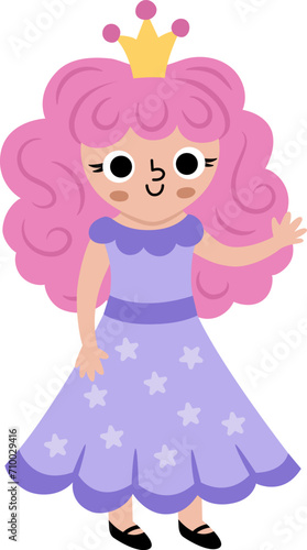 Vector fairy icon. Fantasy sorceress with pink hair and crown. Fairytale character in purple robe with stars. Cartoon magic princess isolated on white background.