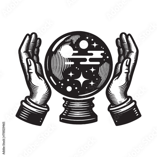Magic crystal ball of predictions. Beautiful vintage engraving vector illustration, icon, logo