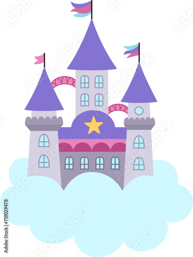 Vector unicorn castle on cloud. Fantasy world palace icon with towers, flags, purple roofs. Fairy tale princess house illustration isolated on white background.