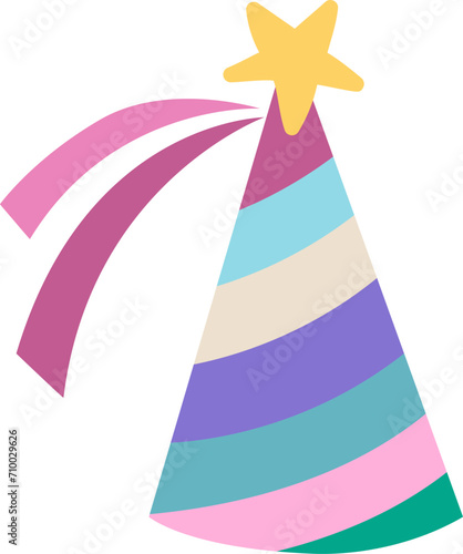 Vector rainbow colored birthday cone hat with star on top. Fairytale themed birthday cap. Cute magic head accessory design element. Holiday headwear icon.