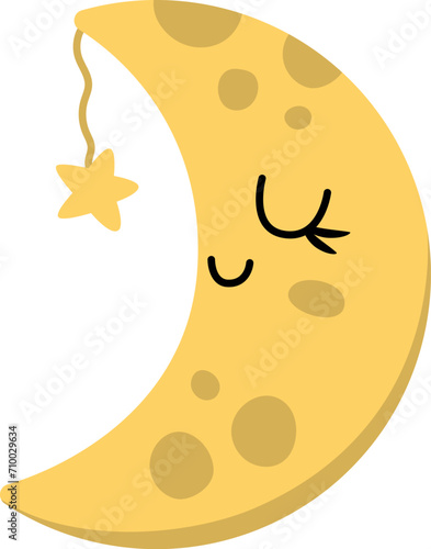 Vector smiling half-moon icon with closed eyes. Fairytale themed sleeping moon with star. Cute magic design element. Space icon.