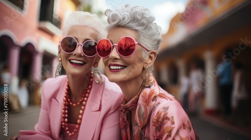Two older women fashion dressed in pink and wearing sunglasses. In the style of vibrant and textured photo
