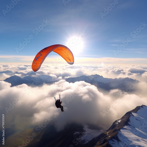 paraglider flying over the clouds in the sky