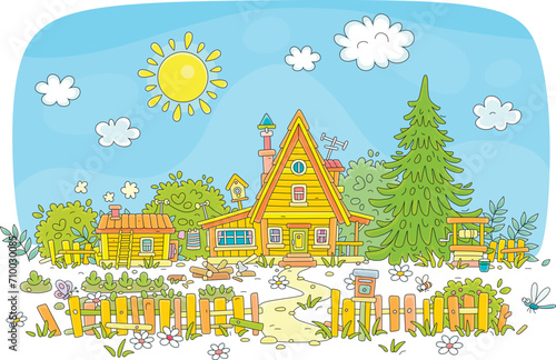 Cozy little wooden house with a small vegetable garden, a bathhouse, a woodshed, a draw-well, a spruce tree and an old fence on a sunny summer day in a village, vector cartoon illustration