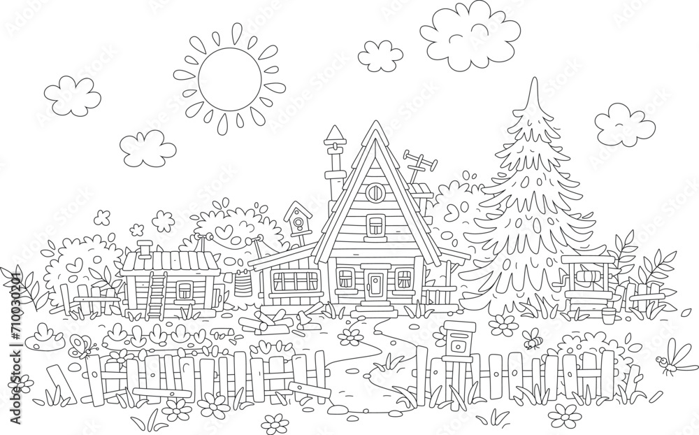 Obraz premium Cozy little wooden house with a small vegetable garden, a bathhouse, a woodshed, a draw-well, a spruce tree and an old fence on a sunny summer day in a village, vector cartoon illustration