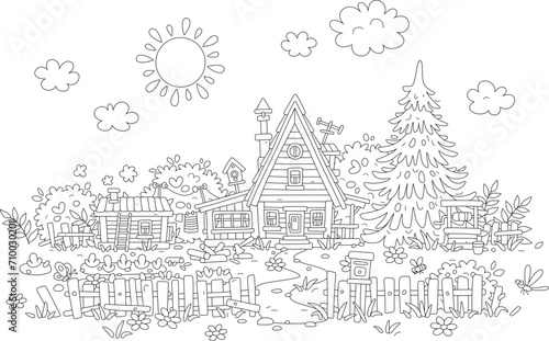 Cozy little wooden house with a small vegetable garden, a bathhouse, a woodshed, a draw-well, a spruce tree and an old fence on a sunny summer day in a village, vector cartoon illustration