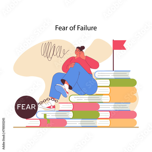 Educational stress concept. Disheartened student atop stack of books, chained by the heavy shackle of failure fears, contemplating distant success. Journey to peak is fraught with emotional obstacles