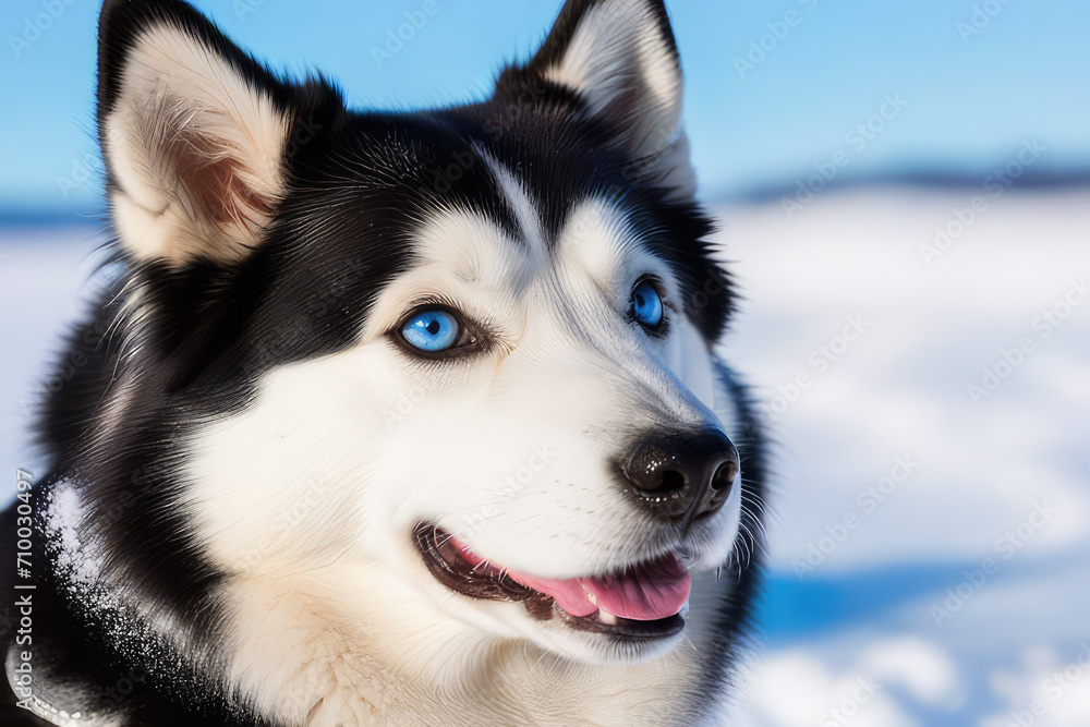 Portrait of magnificent Siberian husky dog with blue eyes on winter snowy blurred background. Dogs breed concept.Generative AI