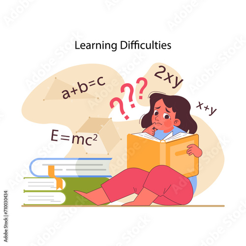 Learning difficulties. Puzzled student amidst mathematical equations confronts complexities of learning, seeking understanding in textbook. Quest for clarity in education. Flat vector illustration