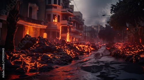 Natural disaster. Lava fire in city populated area after a volcanic eruption.