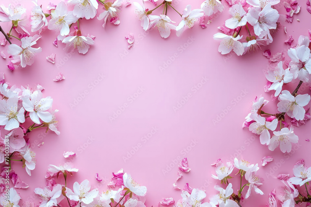 Fototapeta premium Cherry blossoms frame a soft pink canvas, heralding spring's tender touc