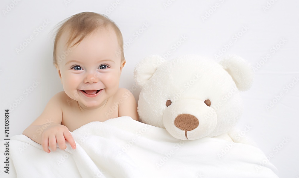 newborn baby in white blanket with stuffed teddy bear and white towel, playful humor newborn baby in white blanket with stuffed teddy bear and white towel, playful humor