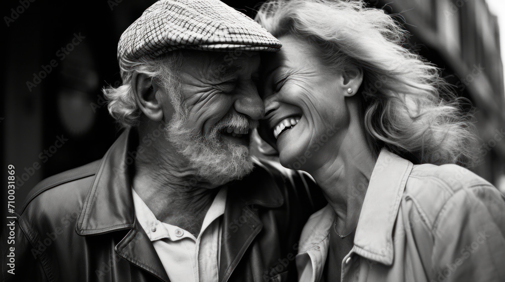 Fototapeta premium Joy transcends age; a heartwarming monochrome portrait of laughter shared between the young at heart, timeless in their happiness