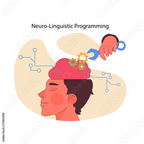 Neuro-linguistic programming exploration. Mind intricate workings, cerebral mechanics, cognitive process. Thought modulation and mental agility. Understanding brain language. Flat vector illustration