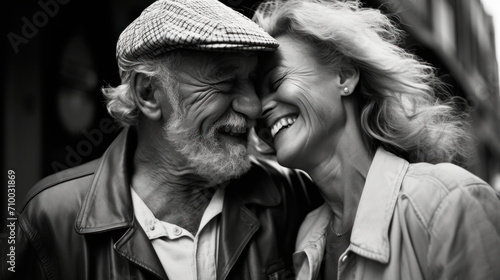 Joy transcends age; a heartwarming monochrome portrait of laughter shared between the young at heart, timeless in their happiness