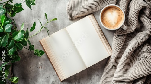 Open book notebook mockup advertising in cozy interior wallpaper background photo