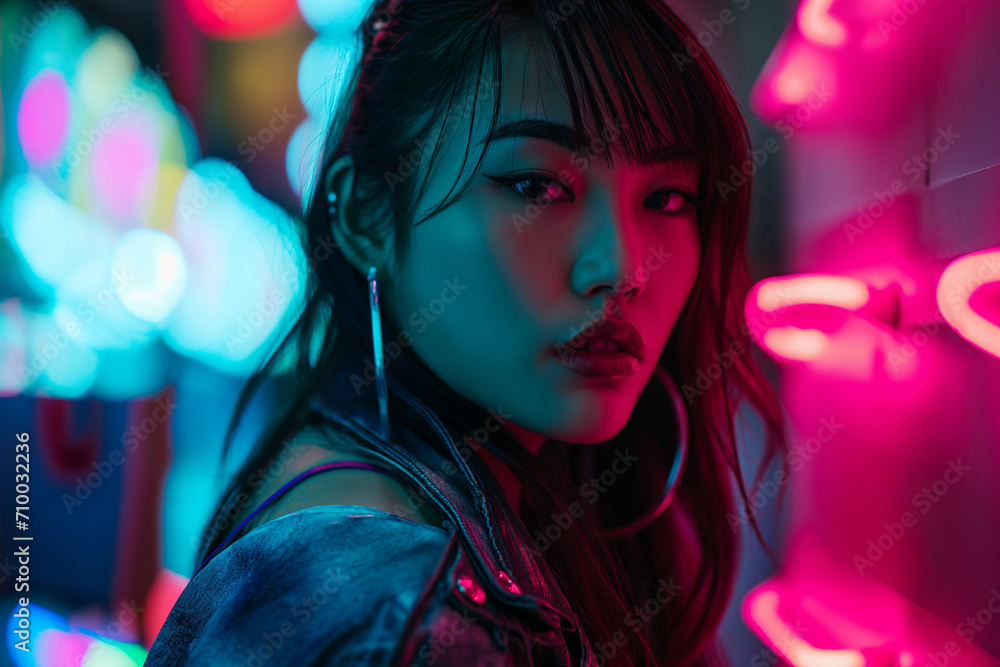Close up portrait of beautiful young Asian girl looking at camera against neon lights background Close up portrait of beautiful young Asian girl looking at camera against neon lights background
