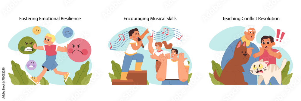 Child development concept set. Boy managing emotions, child singing with passion, and family resolving pet dispute, teaching key life skills. Nurturing talents and emotional regulation. Flat vector Child development concept set. Boy managing emotions, child singing with passion, and family resolving pet dispute, teaching key life skills. Nurturing talents and emotional regulation. Flat vector