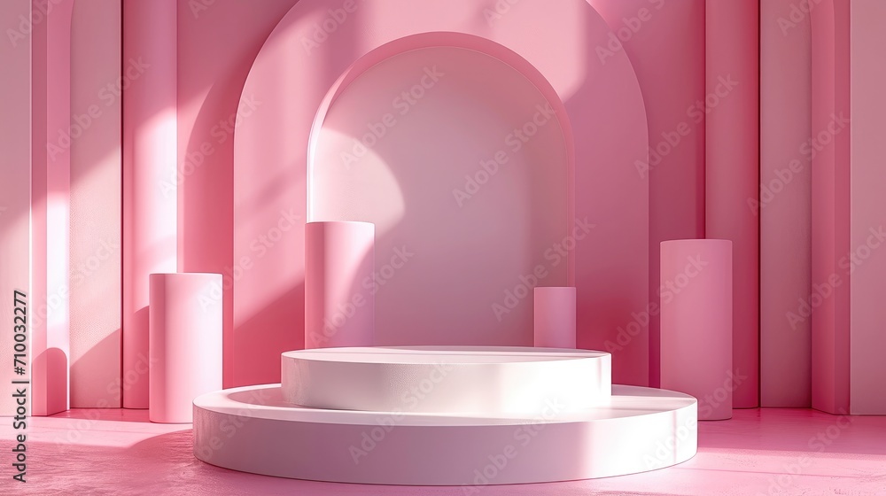 Abstract scene background. Cylinder podium on pink background, Product presentation, Mock up, Show cosmetic product, Podium. Generative AI. Abstract scene background. Cylinder podium on pink background, Product presentation, Mock up, Show cosmetic product, Podium. Generative AI.