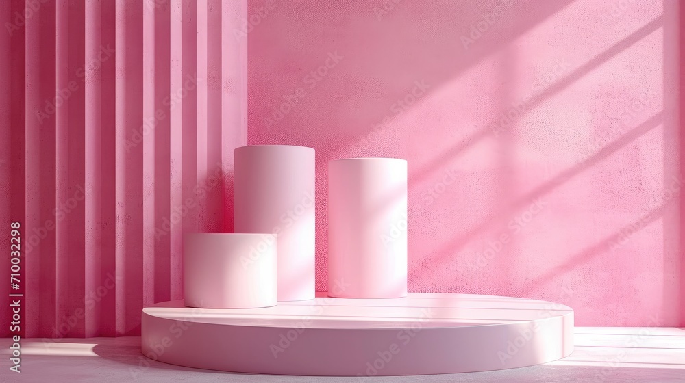 Abstract scene background. Cylinder podium on pink background, Product presentation, Mock up, Show cosmetic product, Podium. Generative AI. Abstract scene background. Cylinder podium on pink background, Product presentation, Mock up, Show cosmetic product, Podium. Generative AI.