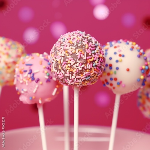 Chocolates on a stick with sprinkles on a pink background, close-up. AI.