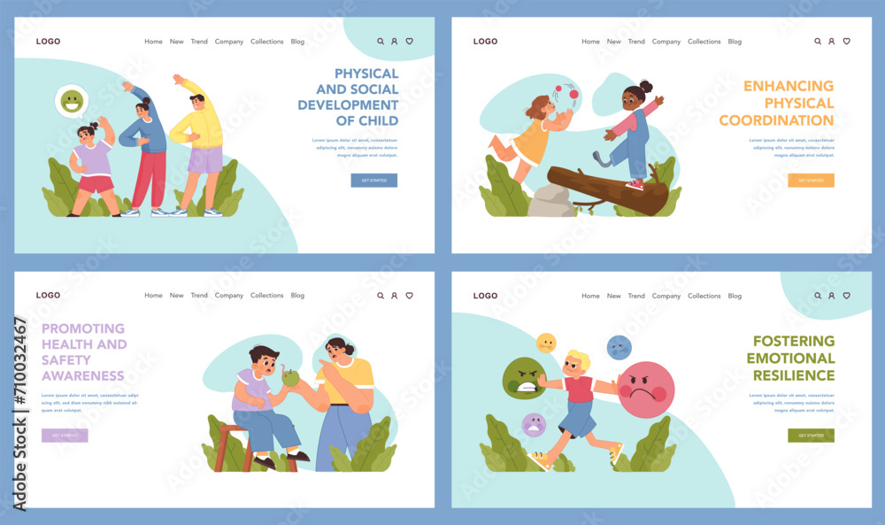 Child development set. Children in active play, balancing and parent teaching health with snack. Importance of kids physical growth. Parental support in health matters. Flat vector illustration Child development set. Children in active play, balancing and parent teaching health with snack. Importance of kids physical growth. Parental support in health matters. Flat vector illustration