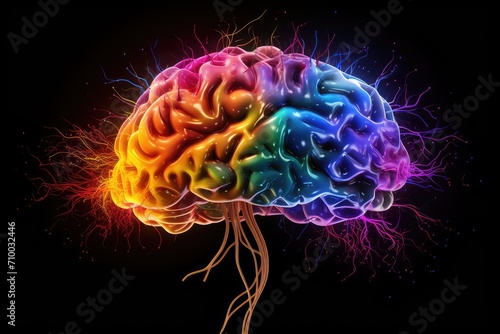 Colorful Brain Axon with Neural pathways shape cognitive abilities in brain anatomy. Brain health relies on neurobiology. Brain disorder and cognitive function in smoke light brain skull illustration.