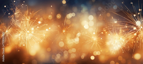 Abstract background with golden fireworks, sparkles, shiny bokeh glitter lights