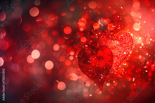 Two red hearts on bokeh lights background. Valentines Day banner