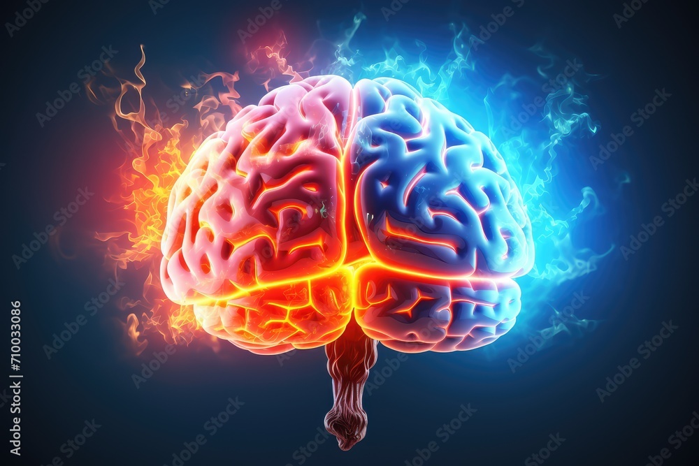 Fototapeta premium human brain light axon with fire, long-term memory, storage of information, short-term memory, mind processing informations and stimuli, brain's neurons fire, deep learning and remembering process