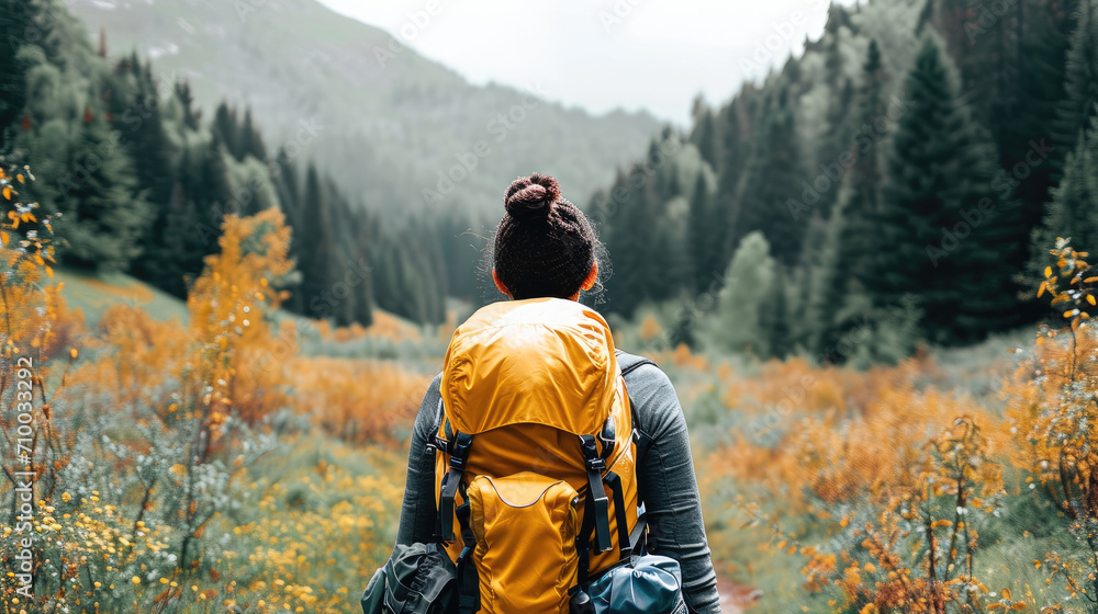 A hiking at the forest, Rear view. Generative AI. A hiking at the forest, Rear view. Generative AI.