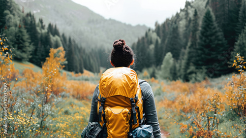 A hiking at the forest, Rear view. Generative AI.