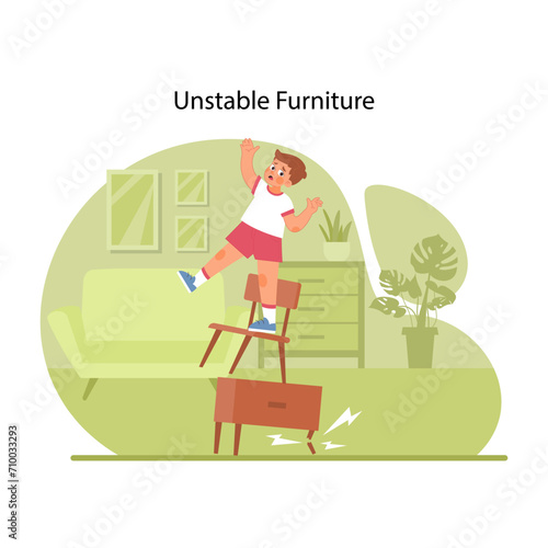 Furniture safety incident. Startled young boy teetering on chair, demonstrating dangers of climbing on unstable furniture. Preventing injuries and accidents with kids. Flat vector illustration