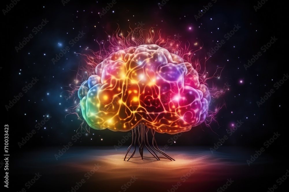 Illustration in neurology studies brain function and cognitive abilities. Colorful cognitive neuroscience neural pathways. Vivid Motley Colored brain human mind anatomy enhances cognition research.